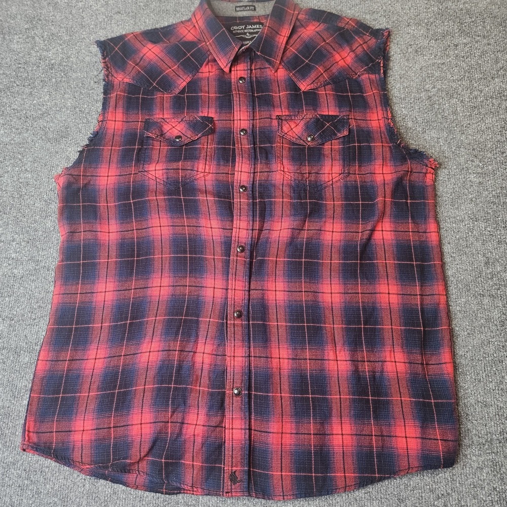 Cody James Mens Sleeveless Flannel Shirt Size Large Red Plaid Pearlsnap Joe Dirt